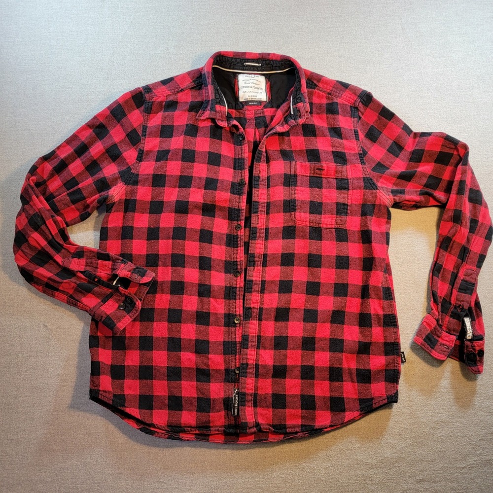Denim & Flower Flannel Shirt Mens Large Red Black Excellent Buffalo Plaid Slim